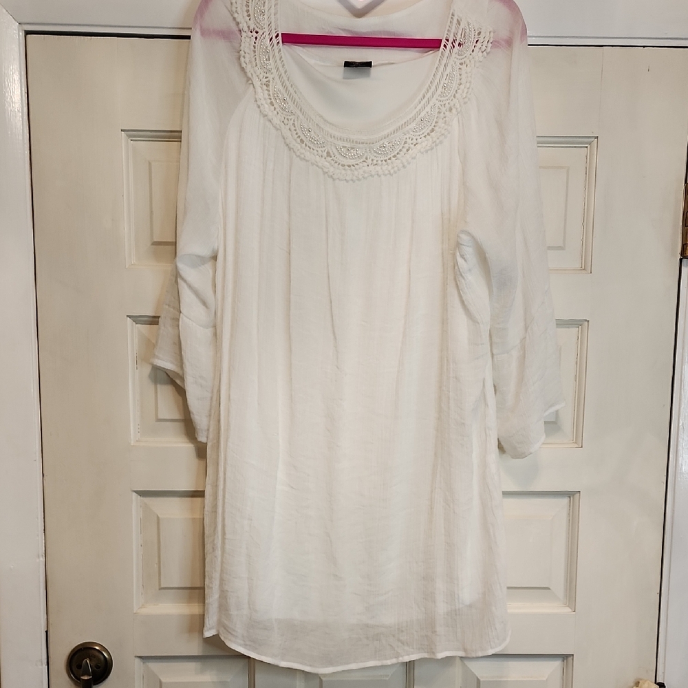 CALSTYLE White Crochet Embroidery Neck Pearl Beads Tunic Blouse All Intact 3XL